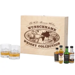 Worlds Favourite Whiskies Geschenkset mit gravierten Gläsern und bedruckter Holzkiste