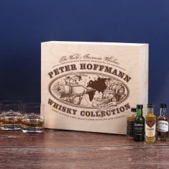 Worlds Favourite Whiskies Geschenkset mit gravierten Gläsern und bedruckter Holzkiste