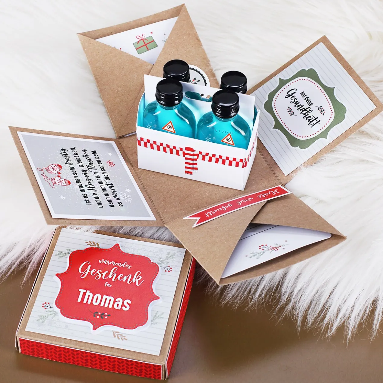 Wärmendes Wintergeschenk - Überraschungsbox mit Alkohol als Verpackung für Geld & Gutscheine