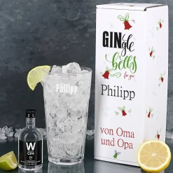 Wuestefeld Gin mit graviertem Gin-Glas in bedruckter Geschenkverpackung für be-gin-liche Weihnachten