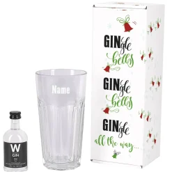 Wuestefeld Gin mit graviertem Gin-Glas in bedruckter Geschenkverpackung für be-gin-liche Weihnachten