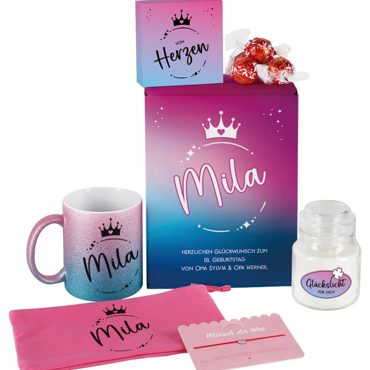 Wundervolles Geschenkset mit Glitzertasse, Beautycase, Duftkerze & mehr - für Frauen
