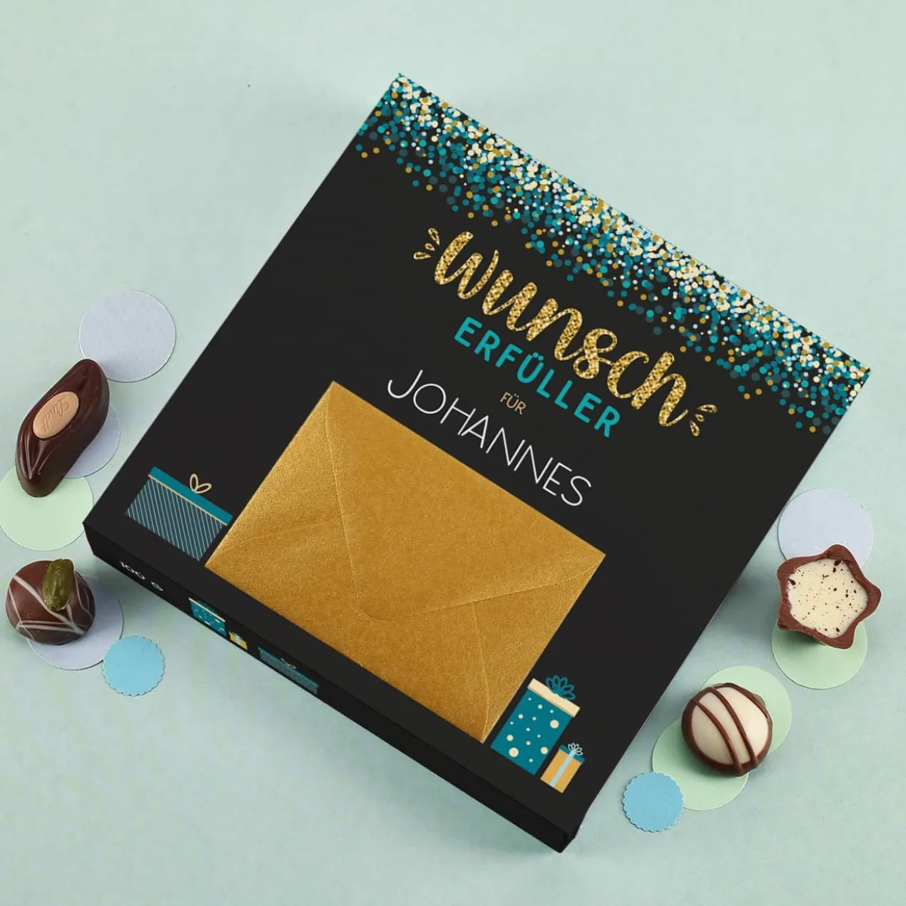 Wunscherfüller - 100 g Lindt Pralinen als Geldgeschenk mit Name bedruckt