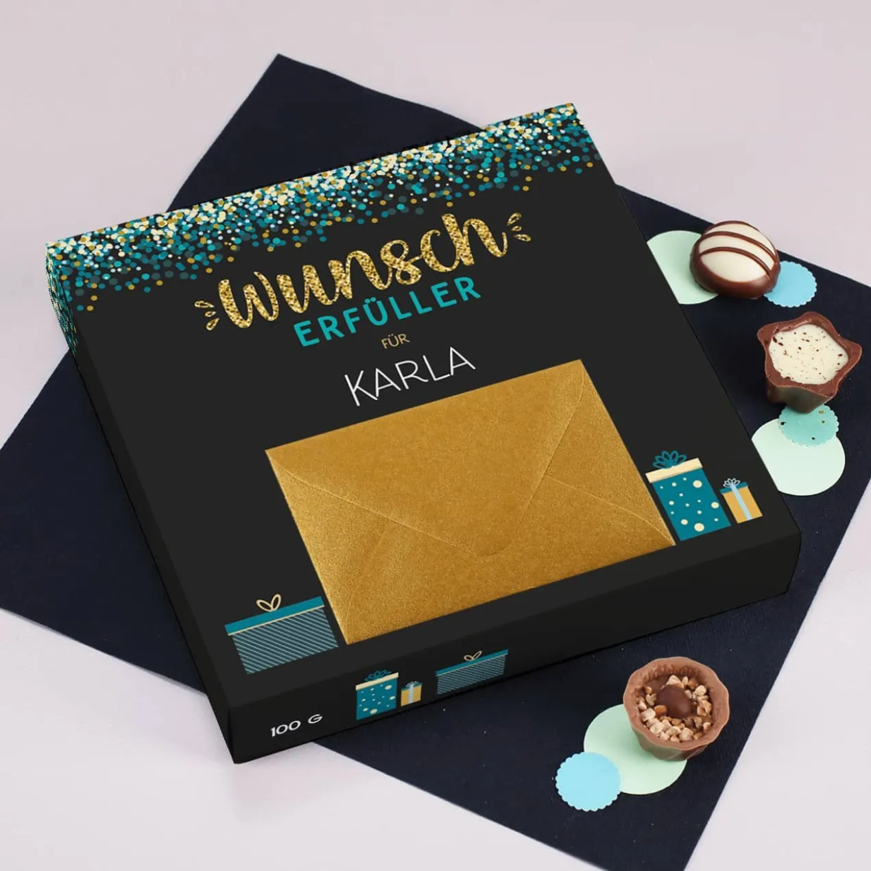 Wunscherfüller - 100 g Lindt Pralinen als Geldgeschenk mit Name bedruckt