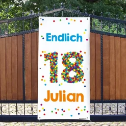 XL Banner zum 18. Geburtstag mit großer Konfettizahl, Name und Wunschtext