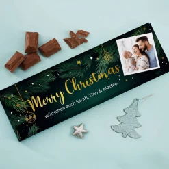 XL Weihnachts-Schokolade mit Foto, Wunschtext und Goldfolie veredelt