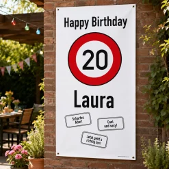 XXL-Banner zum 20. Geburtstag im Hochformat personalisiert mit Name | Verkehrszeichen Motiv