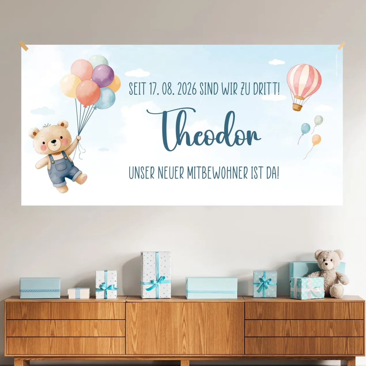 XXL Banner zur Geburt eines Jungen mit Name & Wunschtext personalisiert | Baby Deko mit Bär & Ballon