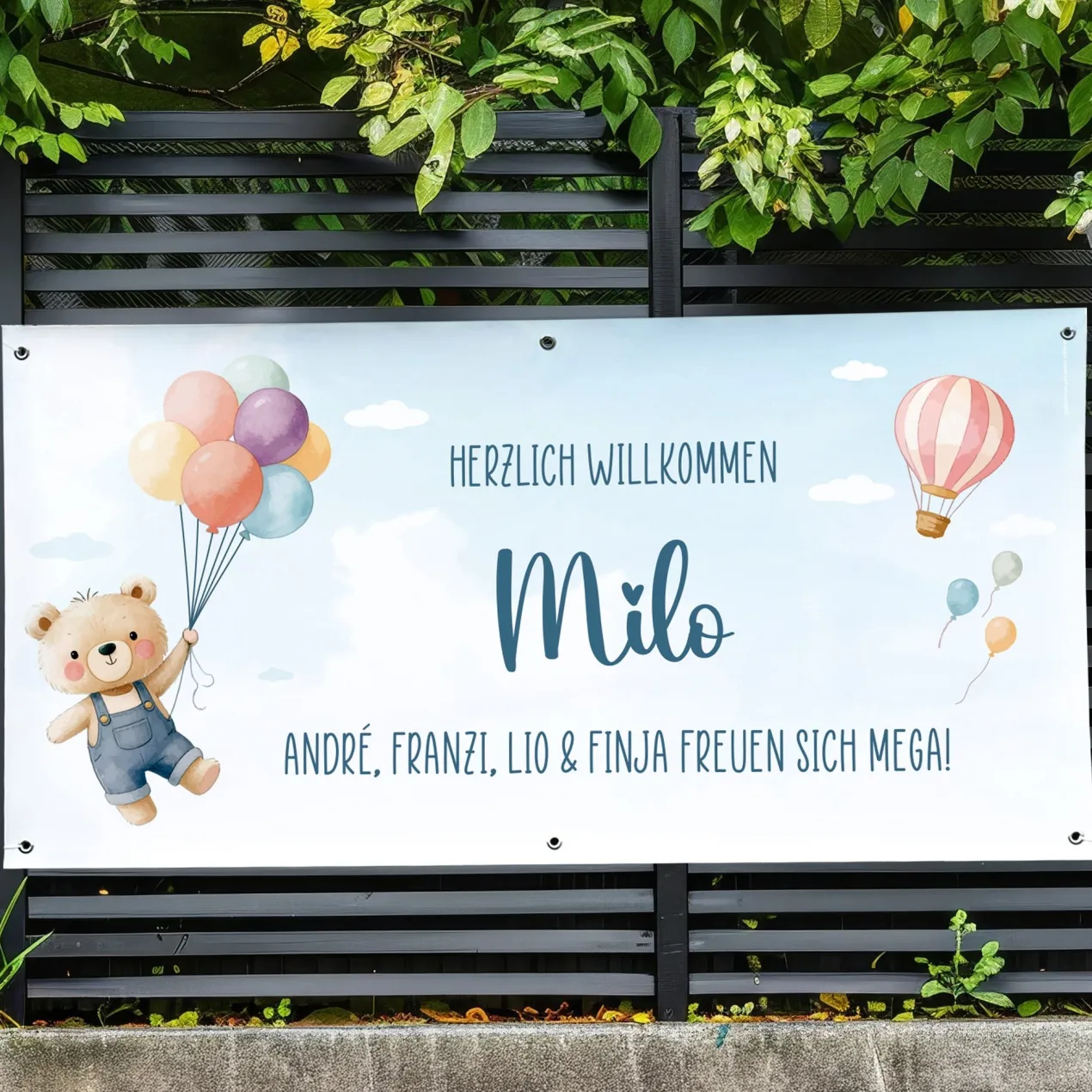 XXL Banner zur Geburt eines Jungen mit Name & Wunschtext personalisiert | Baby Deko mit Bär & Ballon