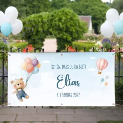 XXL Banner zur Geburt eines Jungen mit Name & Wunschtext personalisiert | Baby Deko mit Bär & Ballon