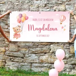 XXL Banner zur Geburt für Mädchen mit Name & Wunschtext personalisiert | Baby Deko mit Bär & Ballons