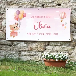 XXL Banner zur Geburt für Mädchen mit Name & Wunschtext personalisiert | Baby Deko mit Bär & Ballons