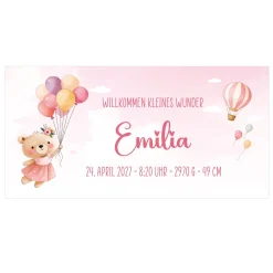 XXL Banner zur Geburt für Mädchen mit Name & Wunschtext personalisiert | Baby Deko mit Bär & Ballons