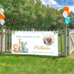 XXL Banner zur Geburt mit Foto & Wunschtext | Baby Deko mit Tier Safari Motiv für Jungen & Mädchen