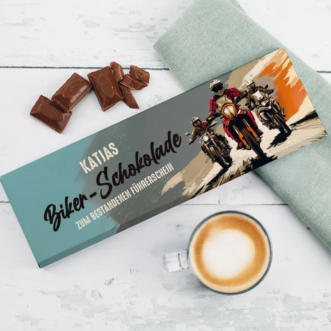 XXL Biker Schokolade personalisiert mit Name und Wunschtext | Geschenk für Motorradfahrer 300g