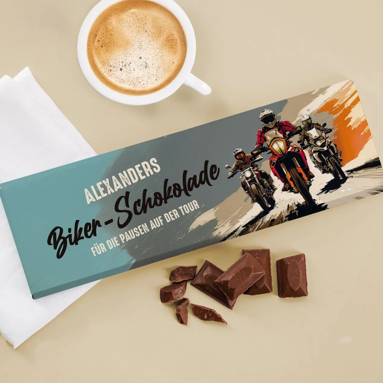 XXL Biker Schokolade personalisiert mit Name und Wunschtext | Geschenk für Motorradfahrer 300g