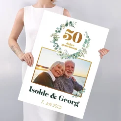 XXL Foto-Karte zur Goldenen Hochzeit mit Eukalyptuskranz, Namen & Datum