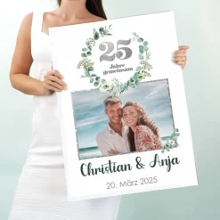 XXL Foto-Karte zur Silberhochzeit mit Eukalyptuskranz, Namen & Datum