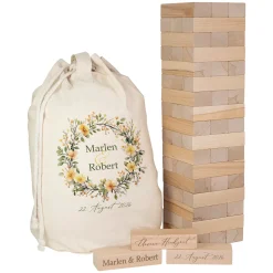 XXL Jenga Wackelturm als Gästebuch zur Hochzeit personalisiert mit Gravur & Geschenksack