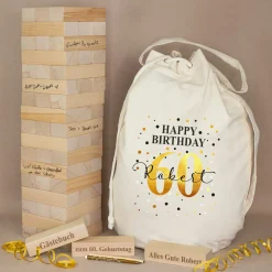 XXL Jenga Wackelturm als personalisiertes Gästebuch zum Geburtstag mit Geschenkesack | Kreatives Geschenk
