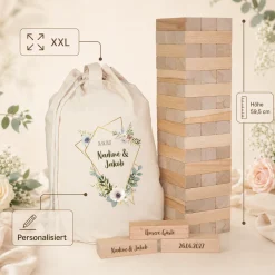 XXL Jenga Wackelturm als personalisiertes Gästebuch zur Hochzeit mit Gravur & Geschenksack mit Motiv