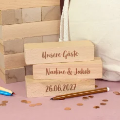 XXL Jenga Wackelturm als personalisiertes Gästebuch zur Hochzeit mit Gravur & Geschenksack mit Motiv