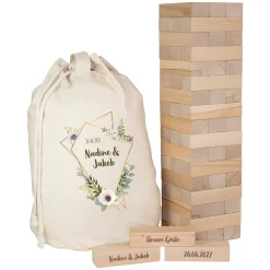 XXL Jenga Wackelturm als personalisiertes Gästebuch zur Hochzeit mit Gravur & Geschenksack mit Motiv