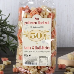 Zahlen-Nudeln zur goldenen Hochzeit in persönlicher Verpackung