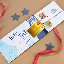 Ziehkarte mit goldener Kreditkarte & Geldautomat - für Geldgeschenk zu Weihnachten