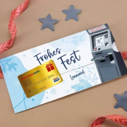 Ziehkarte mit goldener Kreditkarte & Geldautomat - für Geldgeschenk zu Weihnachten