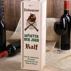 Zielwasser - Flaschenverpackung aus Holz mit Name und Wunschtext für Jäger