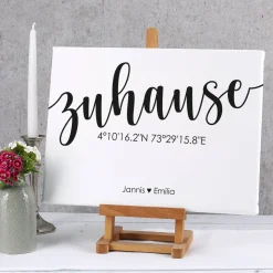 Zuhause - Leinwand mit Koordinaten und Ihren Wunschnamen