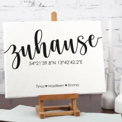 Zuhause - Leinwand mit Koordinaten und Ihren Wunschnamen