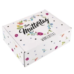Zum Muttertag - Geschenkverpackung mit Blumenherz Motiv und Wunschtext
