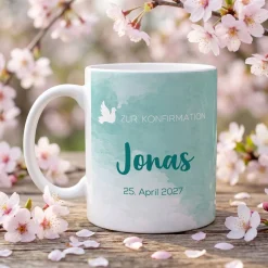 Zur Konfirmation - Tasse mit Name und Datum in türkisblau