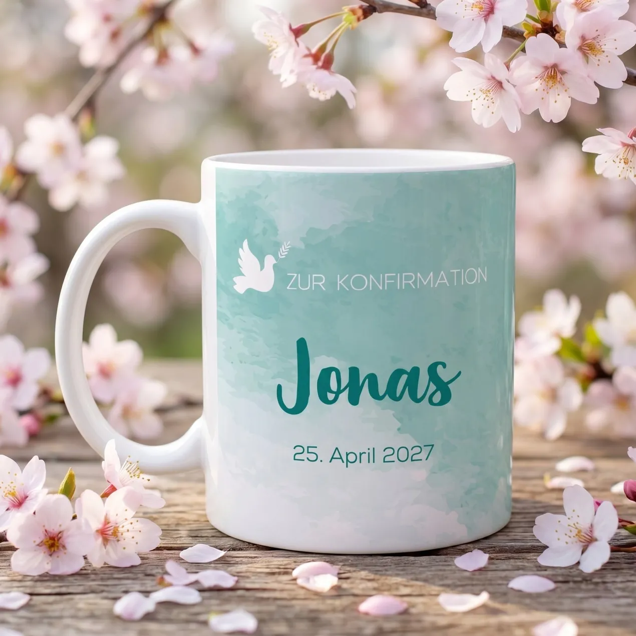 Zur Konfirmation - Tasse mit Name und Datum in türkisblau