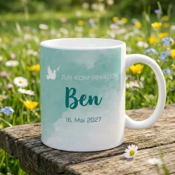 Zur Konfirmation - Tasse mit Name und Datum in türkisblau