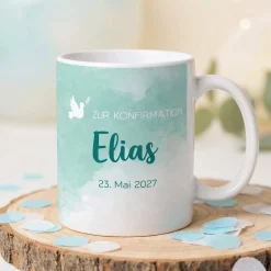 Zur Konfirmation - Tasse mit Name und Datum in türkisblau