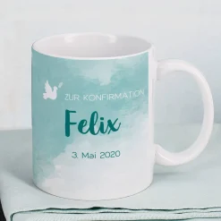 Zur Konfirmation - Tasse mit Name und Datum in türkisblau