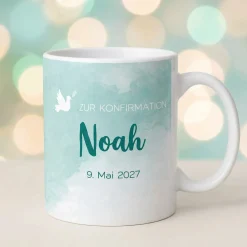 Zur Konfirmation - Tasse mit Name und Datum in türkisblau
