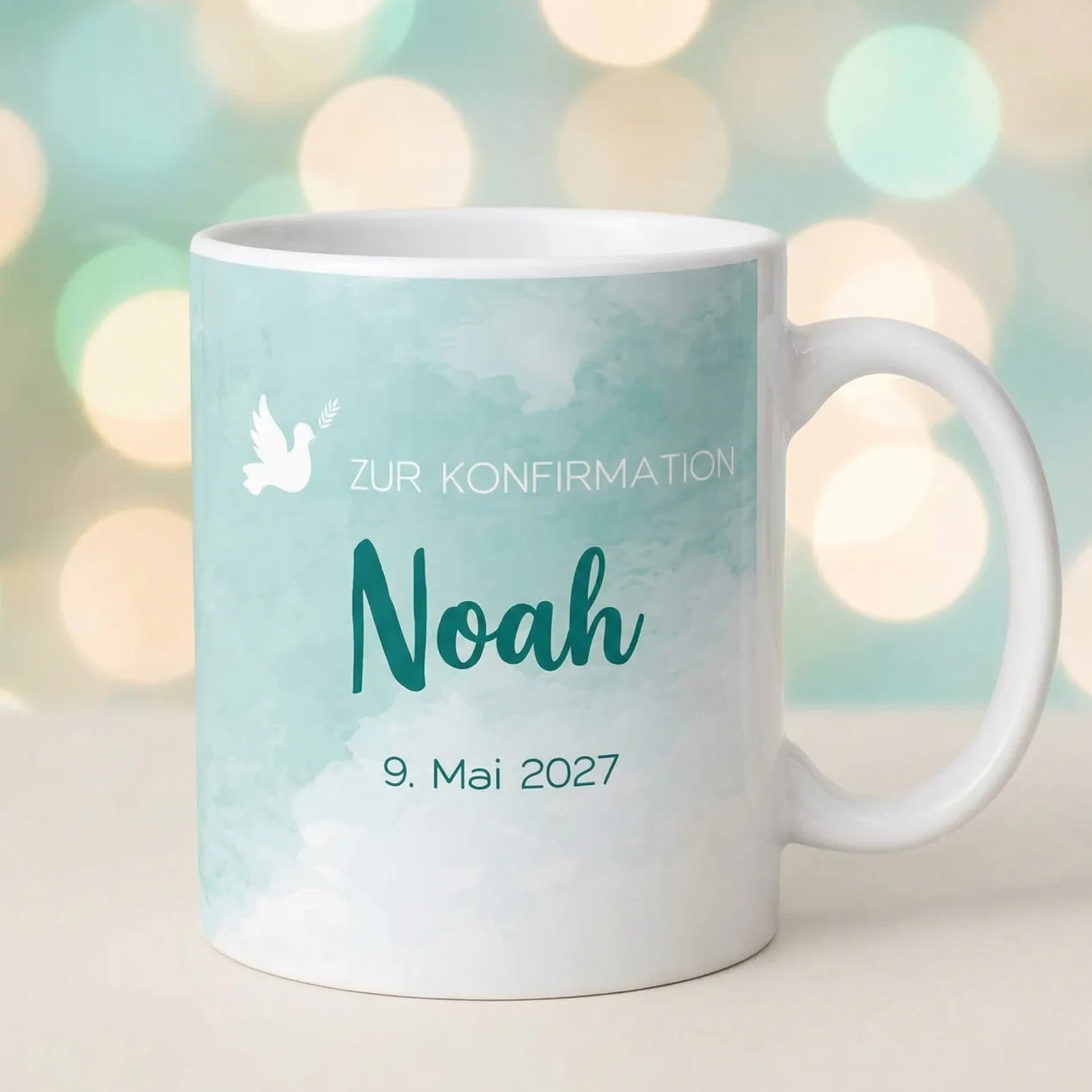 Zur Konfirmation - Tasse mit Name und Datum in türkisblau