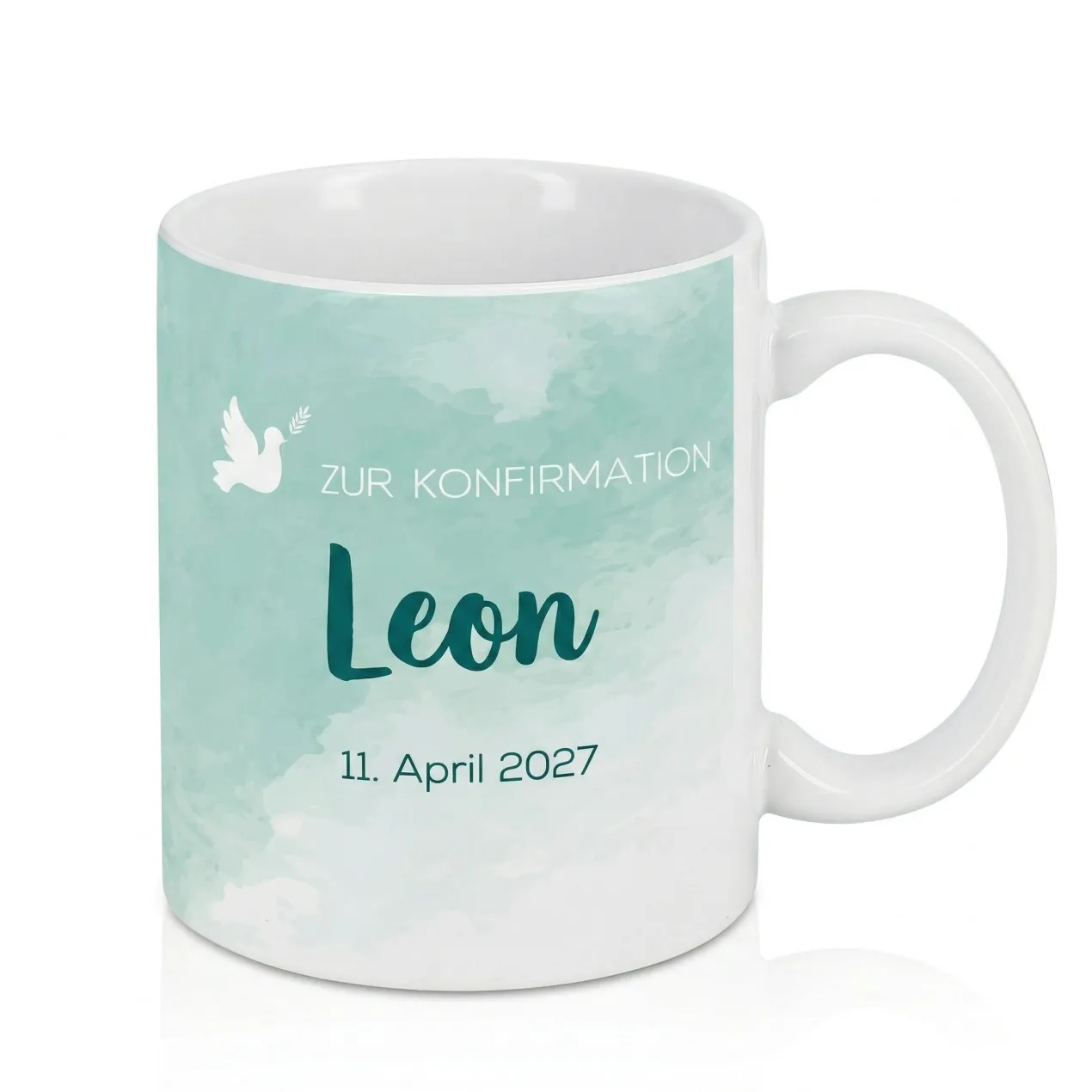 Zur Konfirmation - Tasse mit Name und Datum in türkisblau