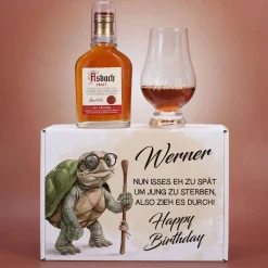 Zu spät um jung zu sterben - lustiges Geschenkset mit Asbach Uralt und graviertem Glas