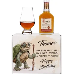 Zu spät um jung zu sterben - lustiges Geschenkset mit Asbach Uralt und graviertem Glas