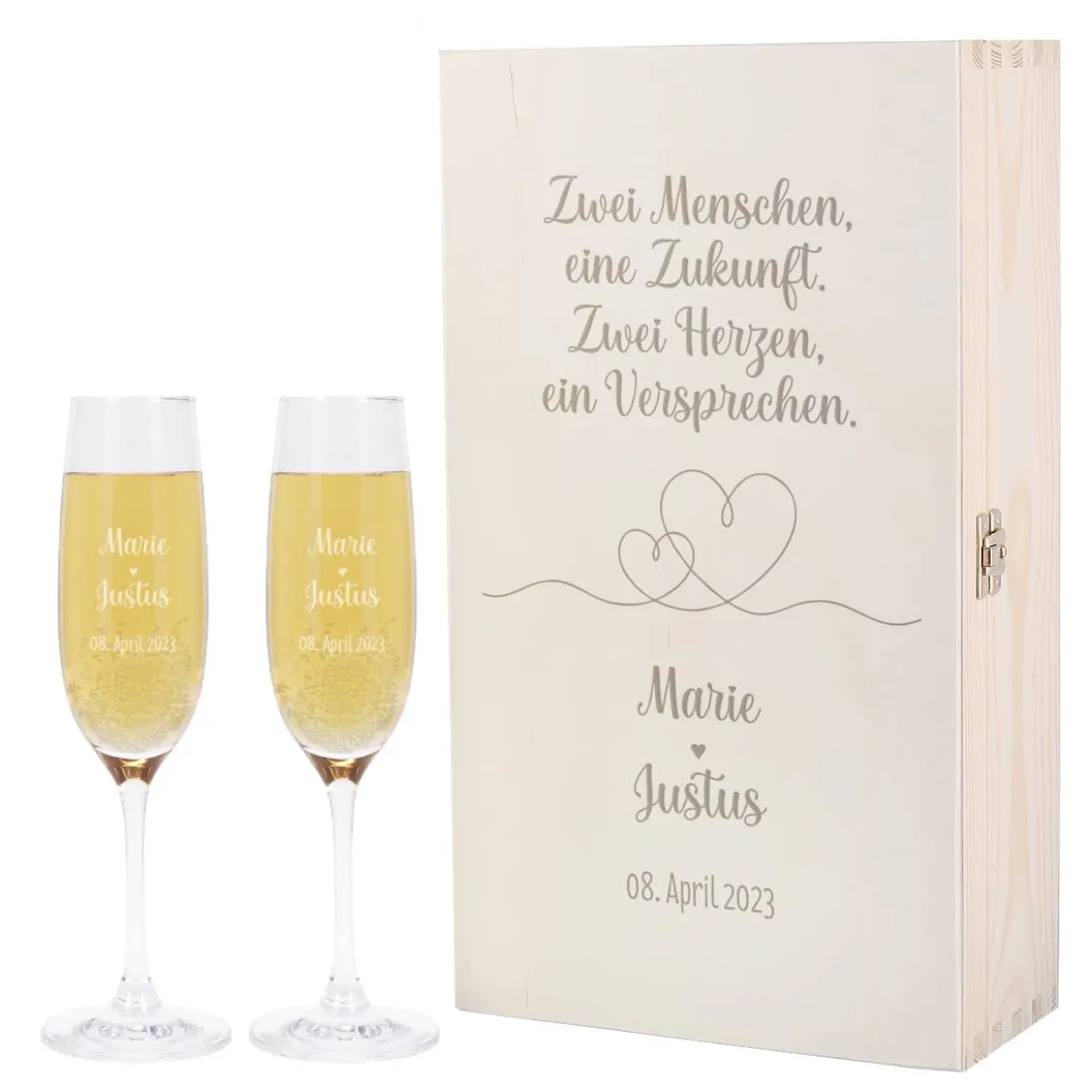 Zwei Herzen, ein Versprechen. - Geschenkset zur Hochzeit mit gravierten Sektgläsern und Holzbox